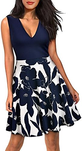LECHEERS Women's Sleeveless Casual Party Contrast Mini Swing Summer Dress Dark Blue M