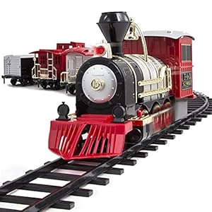 FAO Schwarz 1006832 Classic Motorized Train Set, Complete Toy Set with Engine, Cargo, 18′ of Modular Tracks, Red/ Black, Pack of 30