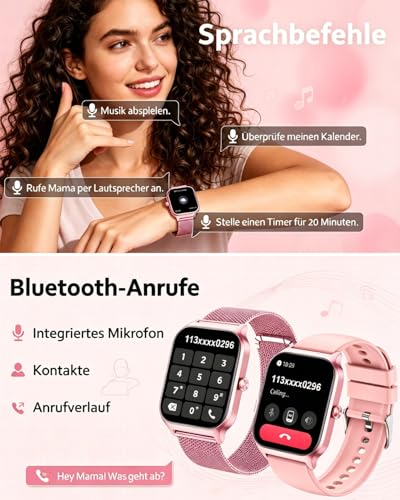 Popglory Smartwatch Herren Damen mit Blutdruckmessung, Bluetooth-Telefonie, AI Fitnessuhr Herzfrequenz, SpO2, Stress, Schlaf, 100+ Sportmodi Fitness Tracker, Schrittzähler, Geschenk für iPhone Android