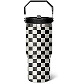 qwpmvhsak 30 Oz Black and white Checkered FlipTumbler with Handle Lid and Straw, Checkered Tumbler Water Bottle Travel Coffee Cup Mug,Checkered Gifts for Women Men