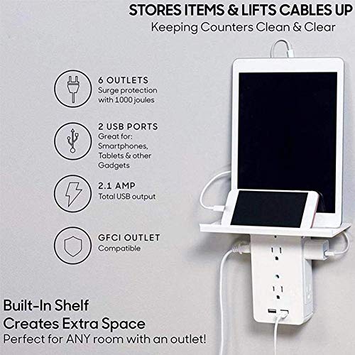 Detachable 8-port Socket Shelf, Surge Protector Wall-mounted Outlet Extender With 6 AC-power Port And 2 USB-ports For Bathroom Home Kitchen Office Living Rooms