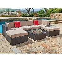 Sale Suncrown Outdoor Furniture Sectional Sofa Set 7 Piece Set All Weather Brown Wicker With Brown Washable Seat Cushions Modern Glass Coffee Table Patio Backyard Pool Incl Waterproof Cover Purpose