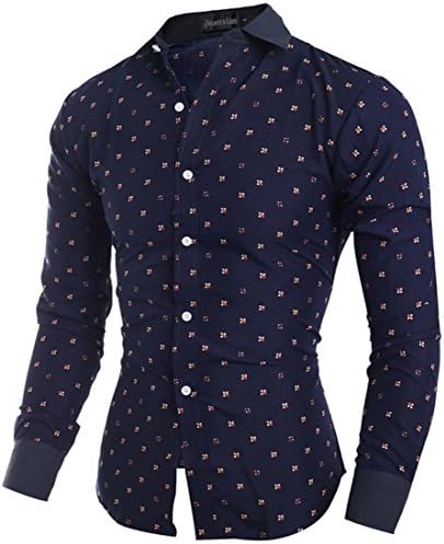 jeansian Men's Slim Floral Pattern Darkblue Long Sleeves Dress Shirts 8794 Navy S