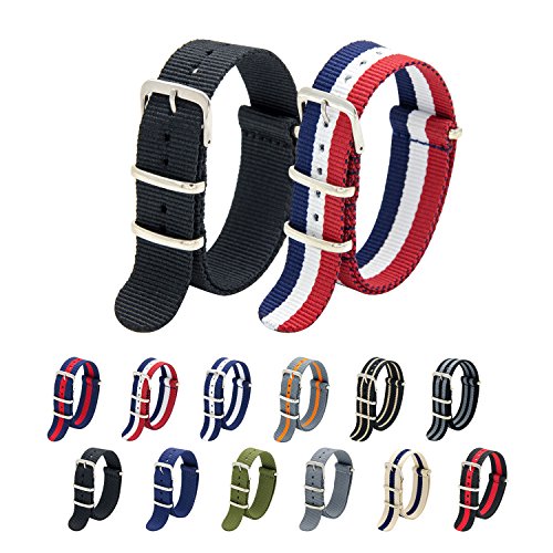 KDM Nato Strap Pack of 2-20mm 22mm Premium Ballistic Nylon Watch Bands with Stainless Steel Buckle (Black+Navy Crimsion Ivory, 18mm)