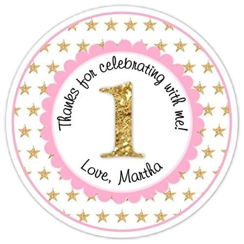 36 Custom 1st Birthday Labels, 1st Birthday Stickers Pink