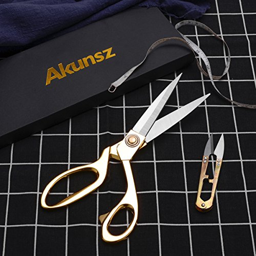 Fabric Scissors 9.5 inch Tailor Scissors + Thread Snips, AKUNSZ Dressmaking Scissors Dressmaker Shears Stainless Steel Gold Scissors for Fabric, Dressmaking, Sewing, Tailoring
