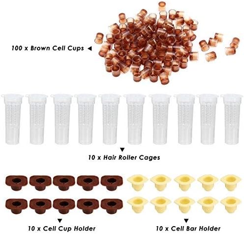 Janolia Rearing Cup kit System, Beekeeping Catcher Box with Brown Cell Cups Cell Cup Holder Cell Bar Holder Hair Roller Cages, 100 Cell Cups Tool Set