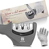 Kitchen Knife Sharpener - 3 Stage Knife Sharpening Tool Sharpens Chef’s Knives - Kitchen Accessories Help Repair, Restore and Polish Blades Quickly, Food Safety Cut Resistant Gloves Included