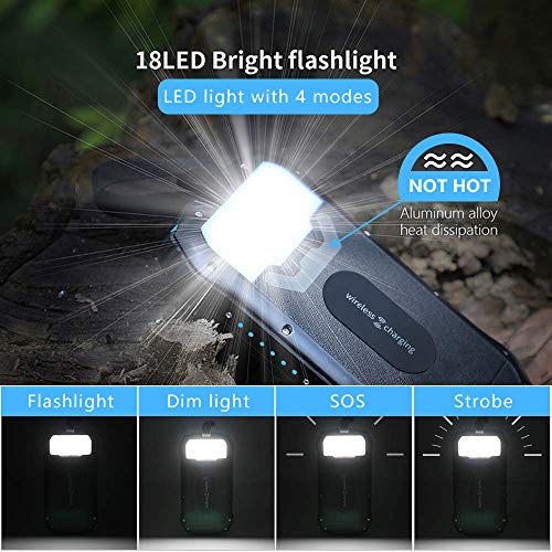 Solar Charger 26800mAh Qi Wireless Portable Solar Power Bank External Backup Battery with 4 Outputs & Dual Inputs Type-C Huge Capacity Phone Charger for Smartphones, 18LED Flashlights for Outdoor