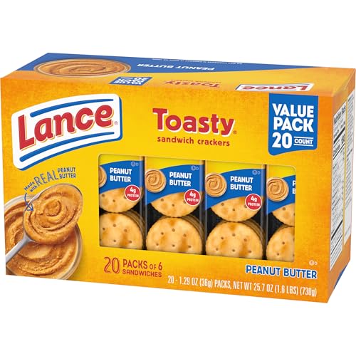 LANCE SANDWICH CRACKERS, TOASTY PEANUT BUTTER, 20 INDIVIDUALLY WRAPPED PACKS, 6 SANDWICHES EACH