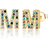 Memorjew Initial Stud Earrings for Women, Hypoallergenic 925 Sterling Silver Post Rainbow Cubic Zirconia 14K-Gold-Plated 26 Initial Earrings for Women Jewelry Gifts