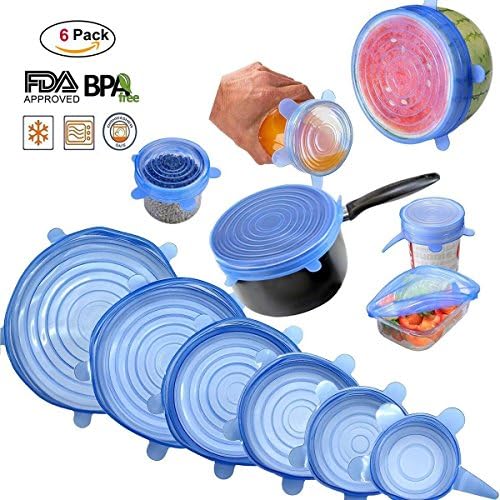 Nasin Silicone Stretch Lids BPA Free Reusable 6 pack Silicon Lids overs Food Saver Covers Various Sizes for Keeping Food Fresh, Perfect for Fruits &amp; Vegetables or Cups, Bowls, Mugs, Dishes,(Blue)