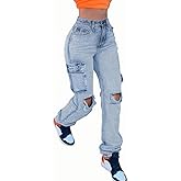 Women's Distressed Cargo Jeans Ripped Knees Wide Leg Loose Long Denim Pants with Side Pockets Streetwear Boyfriend