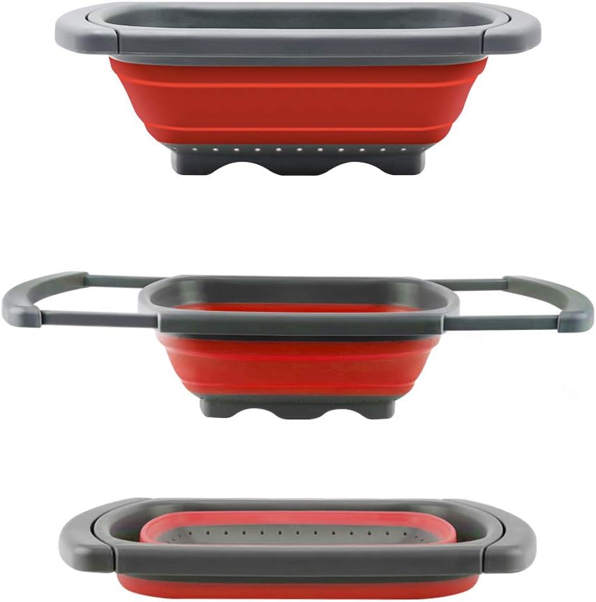 QiMH Colander collapsible Over The Sink Vegtable/Fruit Colander Strainer With Extendable Handles(Green&Red) (Red)
