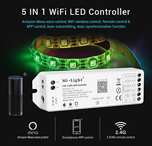 5 in 1 LED Controller, Mi Light RGBW RGBWW W/CW RGBCCT Controller, Compatible with Amazon Alexa Voice Control, 2.4G Wireless 15A Led Strip Light WiFi APP Bridge, Wireless Control Dimmer for 5050 Strip