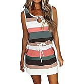 Womens Summer Causal Loose Sleeveless Crew Neck Drawstring Waist Mini Short Dress with Pockets