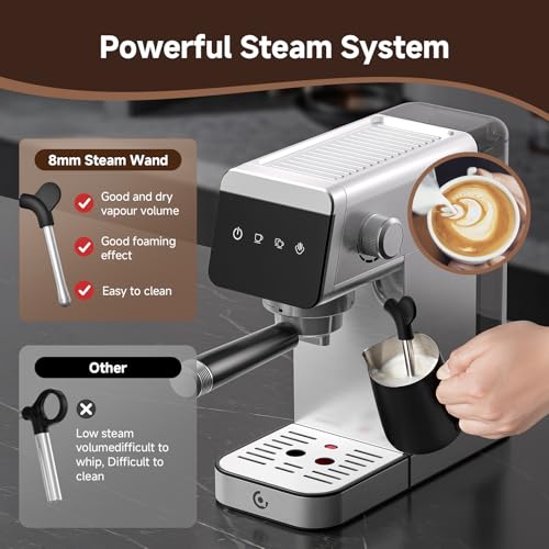 AMZCHEF Coffee Machine 20 Bar, 1350W Espresso Machine, Compact Stainless Steel Coffee Machines with LED Touch Screen, Powerful Steam Wand, Removable Water Tank
