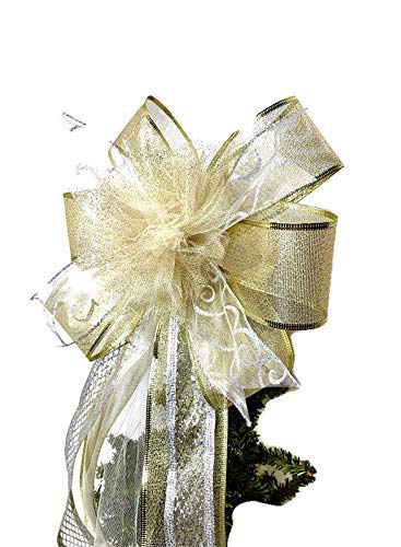 Wreath Bow, Silver and Gold, Cream Pom Pom Tree Topper, Door Decor, Gift Basket Bow, Wine Bottle Ribbon, Swag Bow