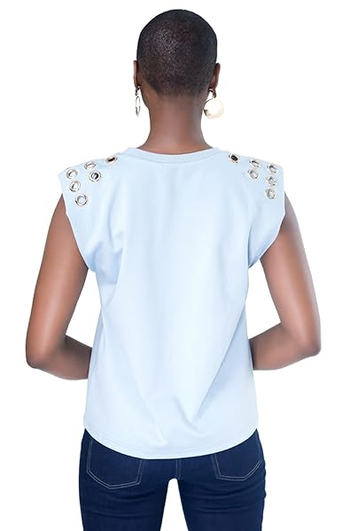 PANTORA WOMEN’S MONICA GROMMET TEE, BLUE, X-SMALL