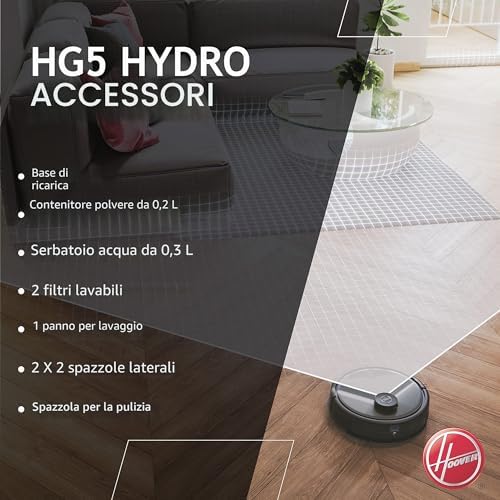HG5 HYDRO Robot Aspirapolvere Lavapavimenti con Mappatura, 0,2 L, Wi-Fi, 5 Modalità, 1 Spazzola XL e 2 Laterali, 34x34x10,3 cm, Grigio