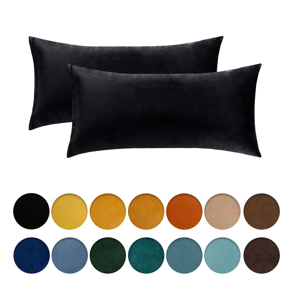 MIULEE Velvet Soft Decorative Square Throw Pillow Case Cushion Covers Pillowcases for Livingroom Sofa Bedroom with Invisible Zipper 40cm x 80cm 16x32 Inch 2 Pieces Black