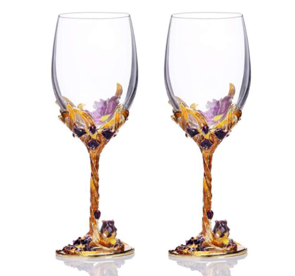 YBK Tech Handmade Enamel Craft Crystal Red Wine Glasses Set of 2 in Gift Box, Iris Design (Gold and Red)