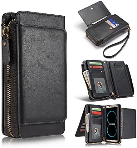 Galaxy S8 Plus Wallet Case,SUPVIN Flip Folio Wrist Strap Durable Leather Protective Case with Card Cash Slot Zipper Handbag Detachable Magnetic Back Cover Shell for Samsung Galaxy S8 Plus(Black)