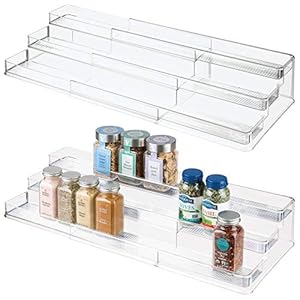 mDesign Set of 2 Extendable Cupboard Storage – Triple-Tiered Plastic Kitchen Shelf Organiser – Use as Spice Rack, Food…