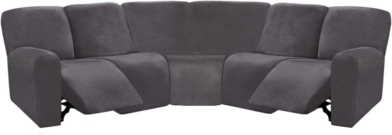 Slipcovers - ULTICOR 7-Piece Sectional Sofa Covers, Velvet Stretch Reclining Couch Covers for Reclining L Shape Sofa, Thick, Soft, Washable (Dark Grey, 5 Seat Recliner Cover)