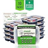 Bento Box 3 Compartment Meal Prep Containers w/ Clear Lids (10 Pack, 32 oz) - Reusable, Stackable, Airtight, Plastic Food Storage Containers - Certified BPA-Free [Incl. 10 Sporks + Printable Planners]