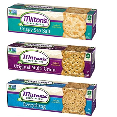 Milton's Non-GMO Baked Crackers 3 Flavor Variety Bundle: (1) Original Multi-Grain, (1) Everything, and (1) Sea Salt, 8.3 Oz. Ea. (3 Boxes)