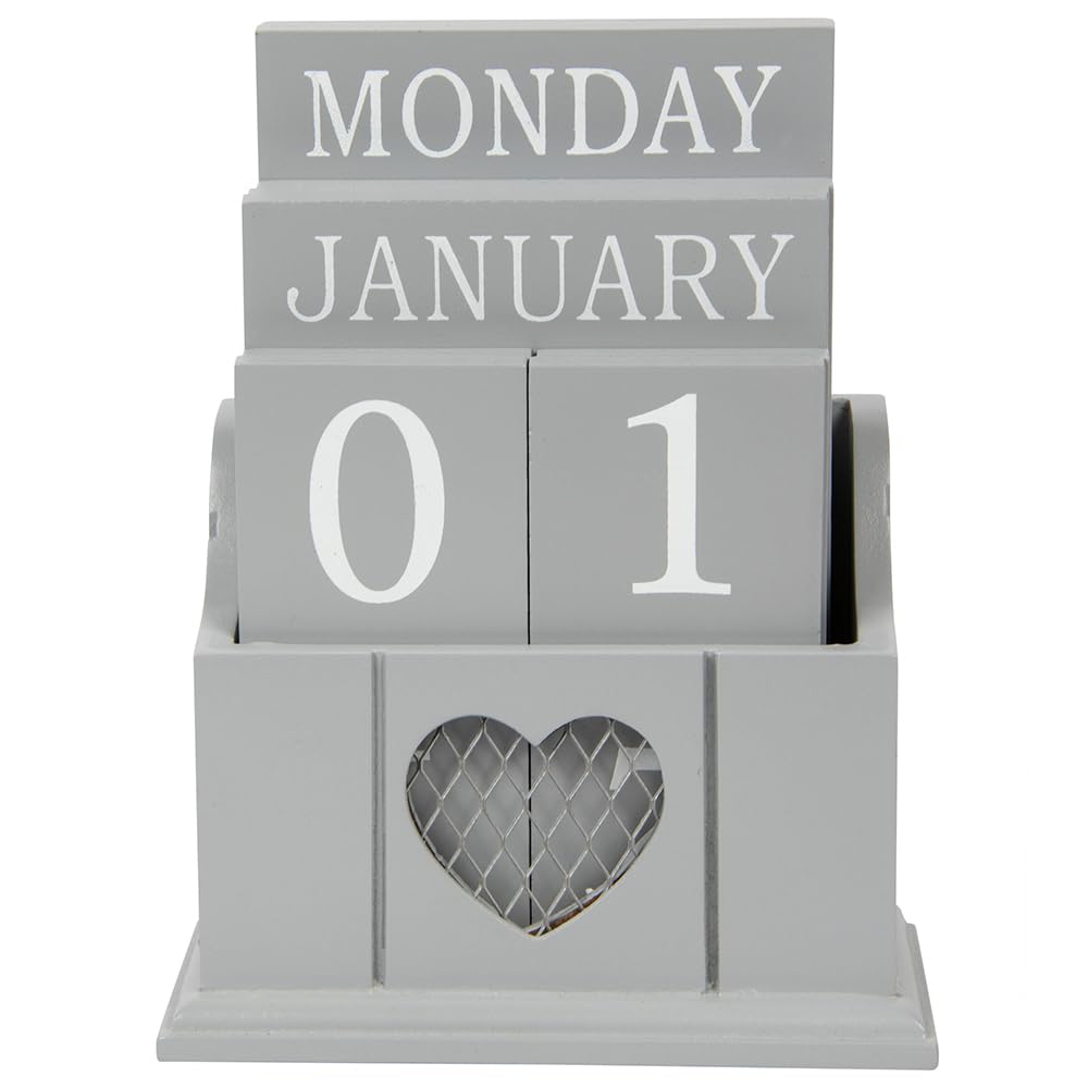 Wooden Desk Perpetual Calendar With Date Day and Month Blocks, Stylish Chic Grey Finish With Heart Detail