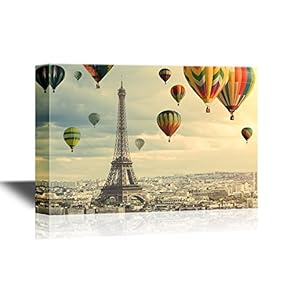 Canvas Wall Art - Colorful Hot Balloons Flying Above The Eiffel Tower in Paris - Gallery Wrap Modern Home Art | Ready to Hang - 12x18 inches
