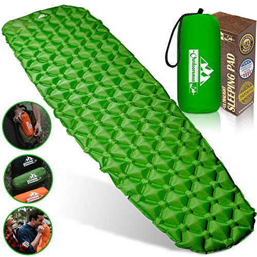 Outdoorsman Lab Inflatable Sleeping Pad - Ultralight, Compact Inflating Pads - Portable Bed Mat for Travel, Hiking, Backpacking - Folding Air Mattress for Sleep Bag, Camping Accessories (Green)