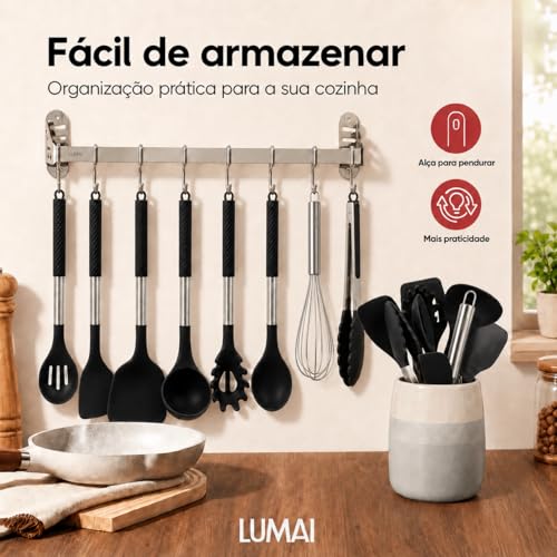 LUMAI Kit Utensílios de Cozinha Inox e Silicone 10 Peças com Suporte - Preto