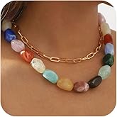 Douxsu Layered Chunky Colorful Beaded Crystal Stone Choker Necklaces for Women, Dainty Acrylic Beads Thick Gold Paper Clip Chain Necklace Party Jewelry Gift