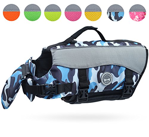 Vivaglory Dog Life Jackets, Pet Life Vest Lifesaver Dog Life Preserver with Extra Padding for Dogs, Camo Blue, XS