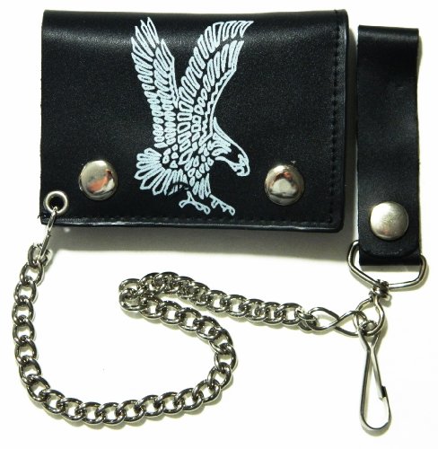 Silver Eagle Design Biker Chain Leather Wallet Tri Fold