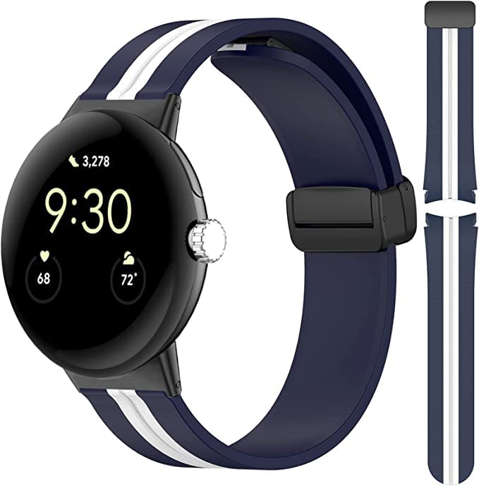Miimall Strap for Google Pixel Watch 2/ Pixel Watch, [No Gap] [Magnetic Folding Buckle] Soft Silicone Sports Band Lightweight Waterproof Replacement Wristband Strap for Pixel Watch (Blue+White)