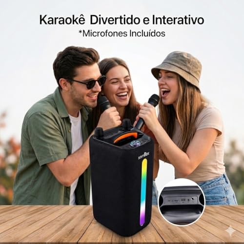 Caixa de Som Portátil 100W RMS Graves Potentes RGB Bluetooth 5.3, USB e AUX, Bateria Longa Duração com 2 Microfones sem Fio para Festas, Viagens, Karaoke e Uso Externo