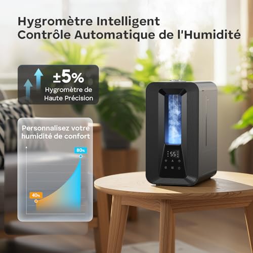 Humidificateur d'Air Chambre Top-Fill, 5L Ultrasonique Brume Froide avec Diffuseur Aromes, Hygrostat Intelligent, Veilleuse, 50H/25dB Silencieux pour Bureau Bébé Plantes