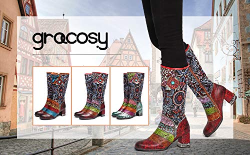 gracosy Botas de Cuero Mujer Otoño e Invierno 2019 Tacon Alto Estilo  Bohemio Corte Retro Hecho a Mano Botas de Nieve Patrón de Flores Zapatos  Calientes En el Medio Colorido Zapatos Zapatos