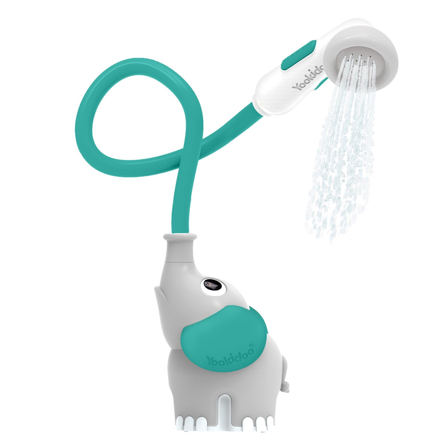 Yookidoo Baby Bath Shower Head - Elephant Water Pump with Trunk Spout Rinser - Control Water Flow from 2 Knobs for Maximum Fun in Tub or Sink for Newborn Babies (Grey and Forest Green)
