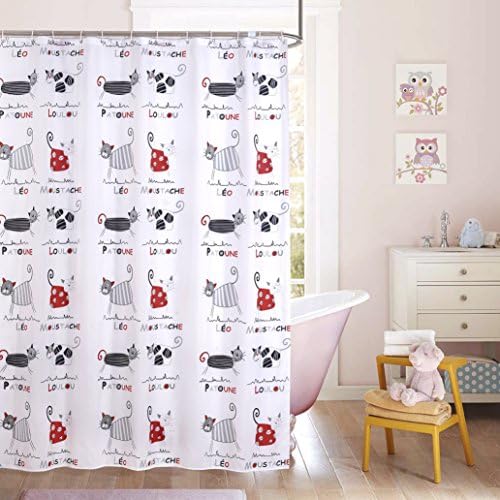 Ufelicity Extra Long Kid's Bathroom Shower Curtain Mildew Free, 72 By 78-Inch Waterproof Polyester Bath Curtain Cat Print for Home Decor, Multi / Red / Gray / Black
