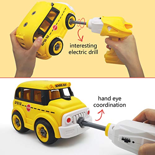 QUN FENG Take Apart Toys Remote Control Car 2 in 1 Construction Truck School Bus Taxi with Electric Drill 2.4G Stem Building Learning Toys for Boys 3,4,5,6,7 Year Olds