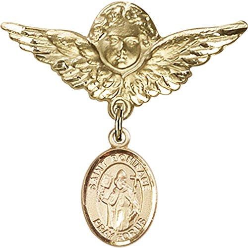 Gold Filled Baby Badge with St. Boniface Charm and Angel w/Wings Badge Pin 1 1/8 X 1 1/8 inches