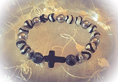 Black and Ivory Striped Agate Gemstone Cross Bracelet