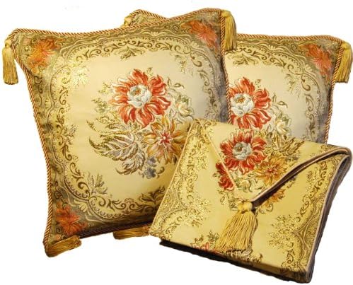 Aubusson Style 2 Cushion/pillow Cover 18" + Table Runner 60"x12" Embroidered with Intricate Golden Threads 10A