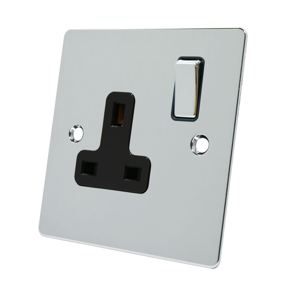 Alliance Electrical FPC1GSOCBC 13 A 1 Gang Black Insert Flat Socket Metal Rocker Switch - Polished Chrome