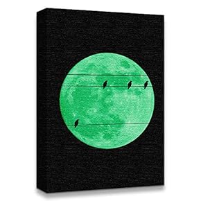 Canvas Wall Art Abstract Green Moon with Pop-up Black Pattern Painting Artwork for Home Prints Framed - 12x18 inches